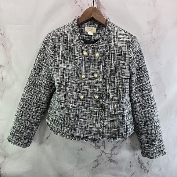 Anthropologie Blazer Women 4 P Black White Tweed Fringe Crop Boucle Pearl Maeve - Picture 12 of 13